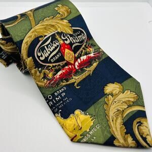 Vintage 90s Tabasco Green Navy 100% Silk Graphic Novelty Tie